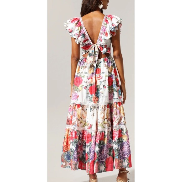 Bella Burnett  Floral Print Maxi Dress Ruffle Sleeve Smocked Waist Tie - Picture 4 of 12